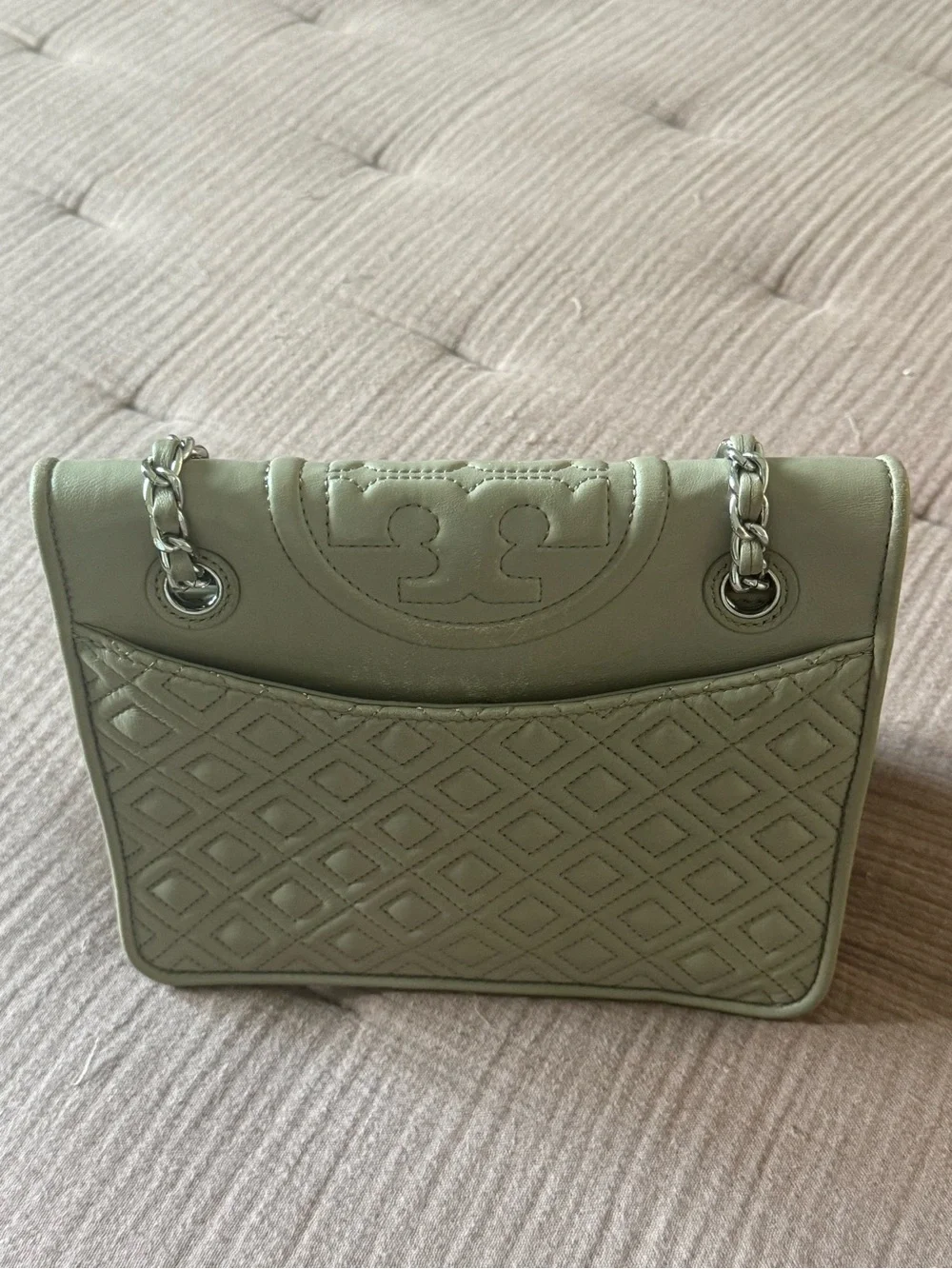 Tory Burch Fleming Convertible Shoulder Bag Taupe Gray Quilted Leather